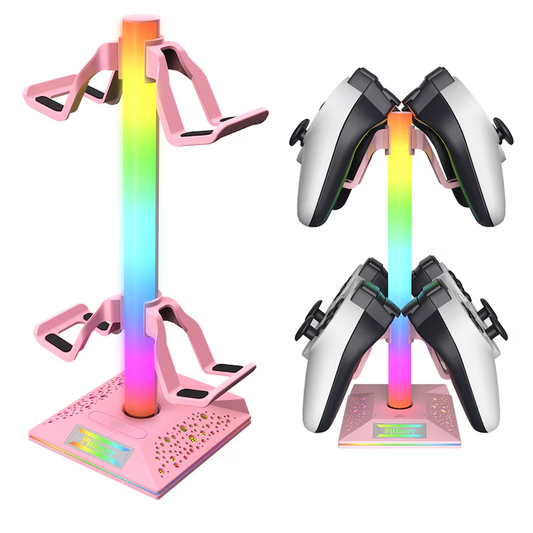 Suport pentru casti, RGB, 10 moduri de iluminare, 1x hub USB 2.0, 1x USB, 1 x tip C, Roz/RGB